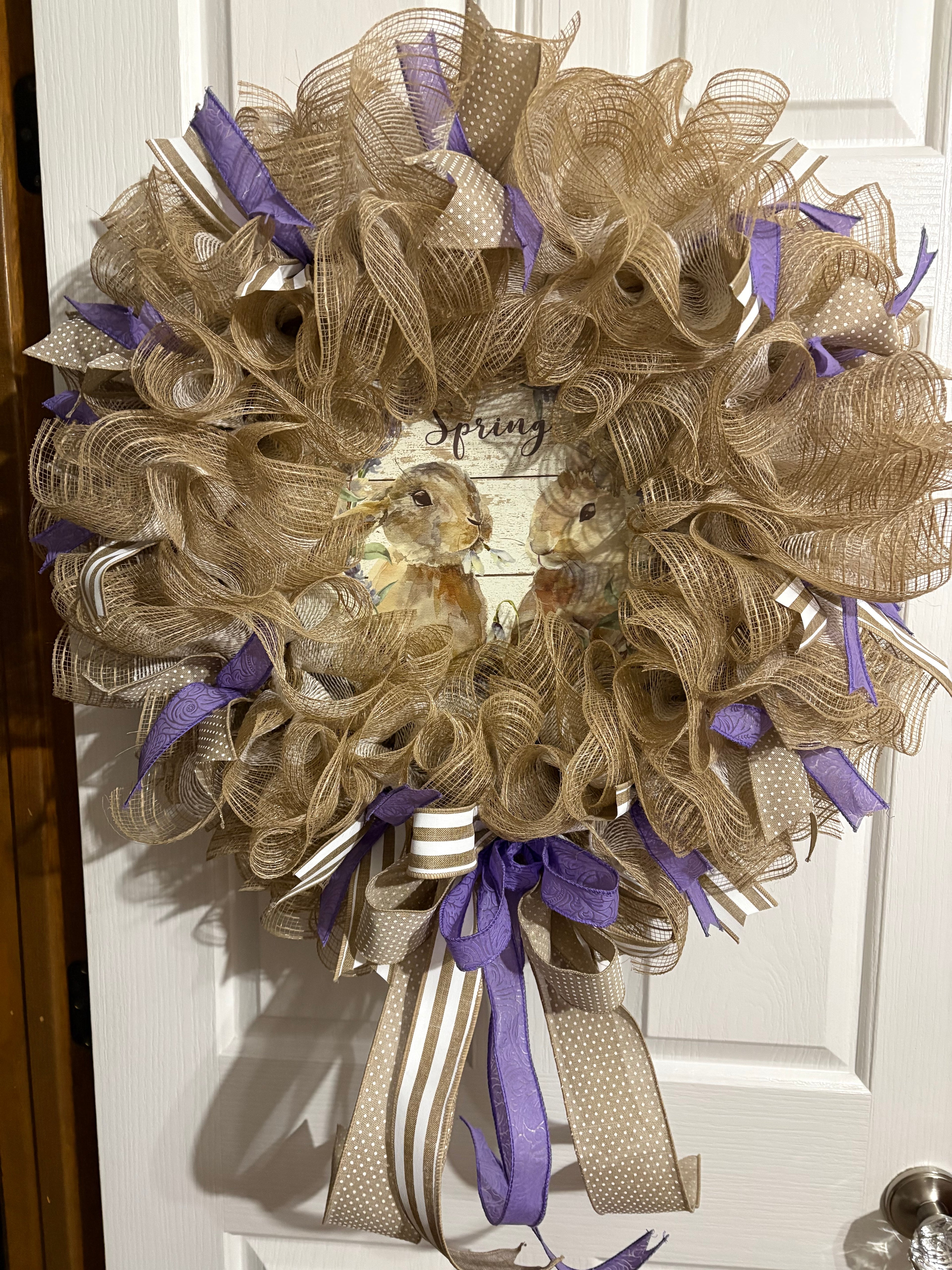Tan and Purple Deco Mesh Spring Rabbit Wreath